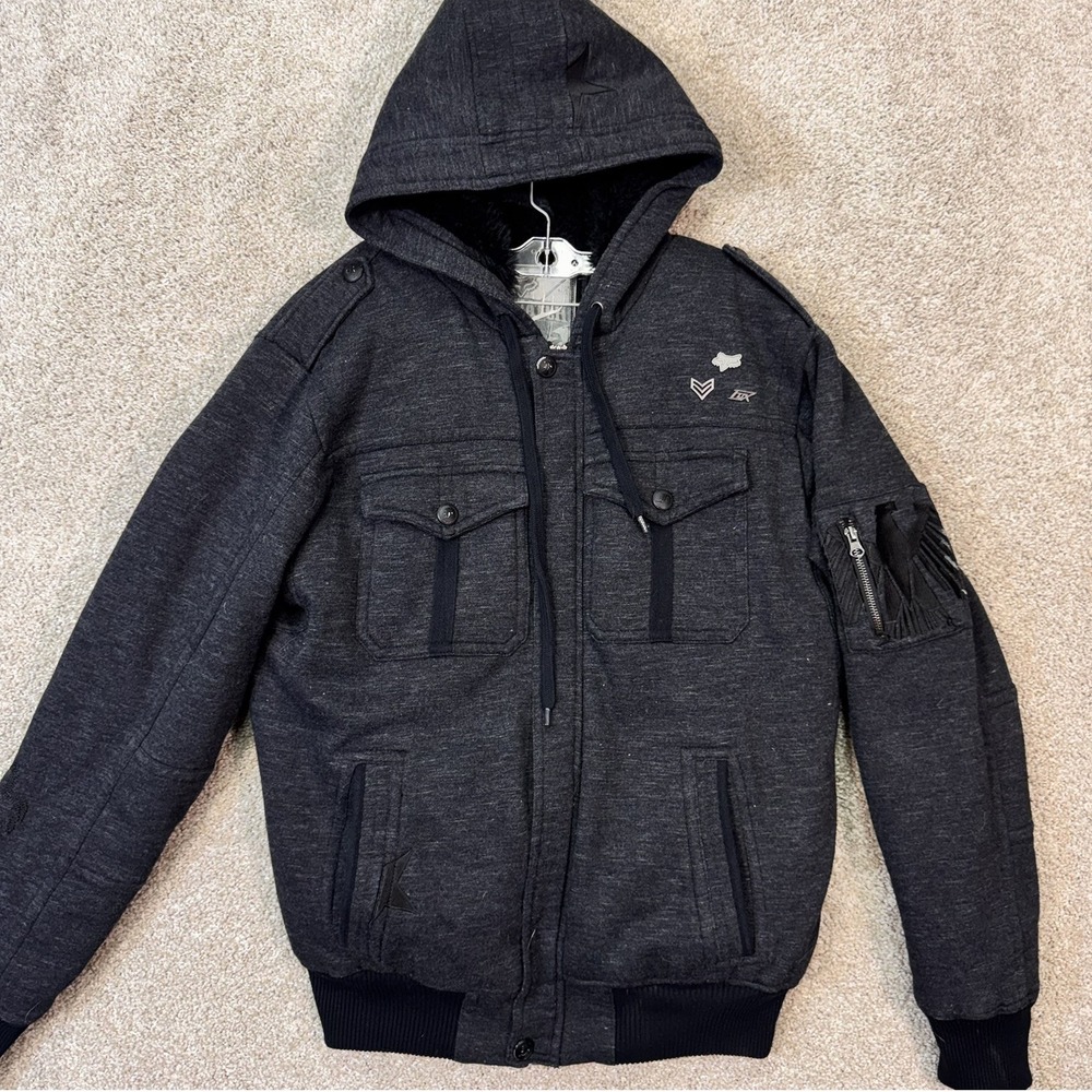 Fox Racing Jacket Mens Large Sasquatch Charcoal Faux Fur Lined Hooded EUC
